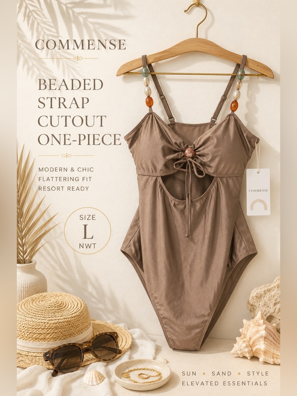 Commense NWT Beaded Strap Cutout One-Piece Swimsuit Brown Size L